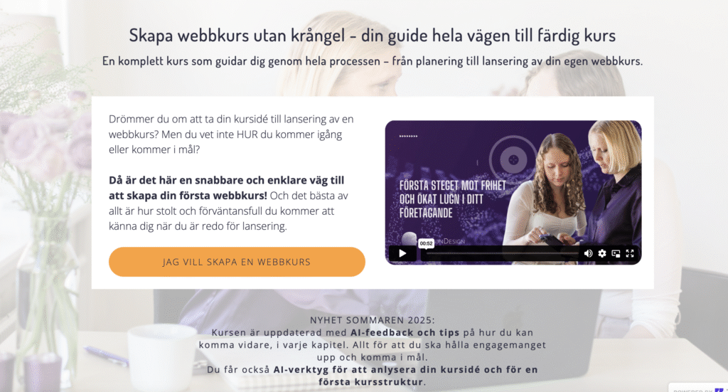 Landningssida skapad med kursplattformen New Zenler
