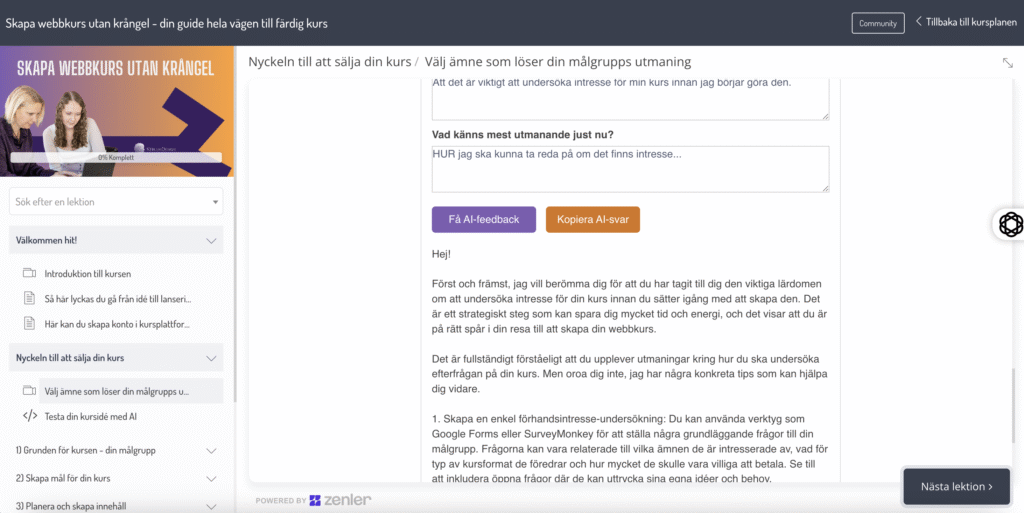 AI för onlinkurser, exempel på hur det kan användas för att ge deltagare feedback.